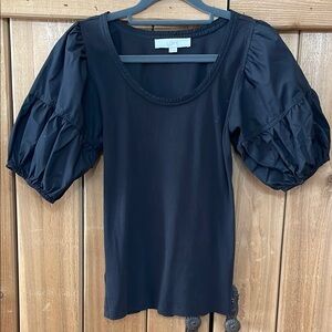LOFT Black Puff Sleeve Blouse with Short Sleeves